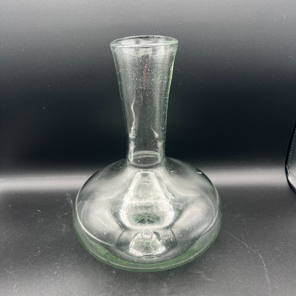 Vintage 1950s Clear Oval Bottom, Wide Mouth Hand Blown Glass Wine Decanter